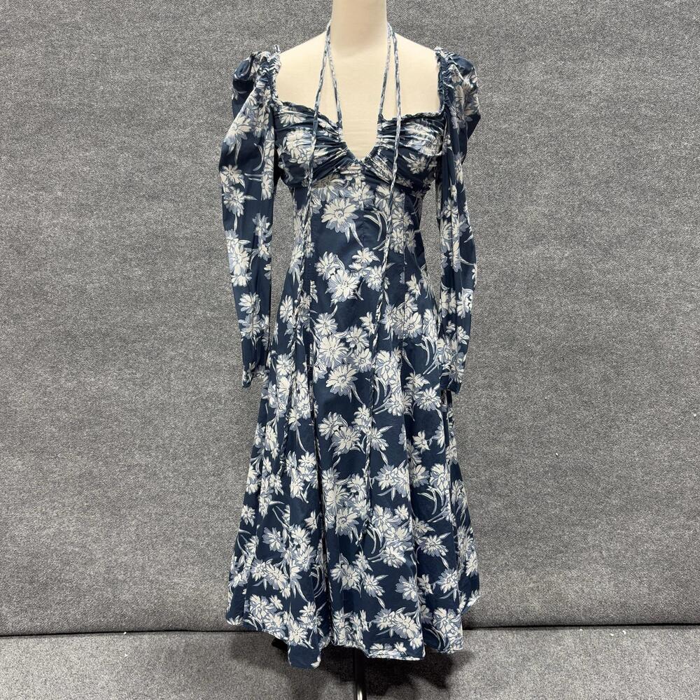 Polo Ralph Lauren Dress Womens 4 Blue Floral Fit Flare Midi Long Sleeve